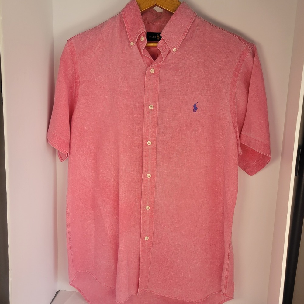 Ralph Lauren Mens Pink Linen Short Sleeve Button Down Shirt Pony Logo Size M